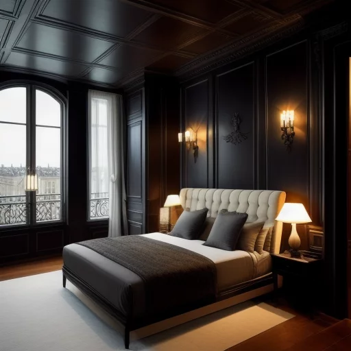 5418675151-Parisian luxurious interior penthouse bedroom, dark walls, wooden panels.webp